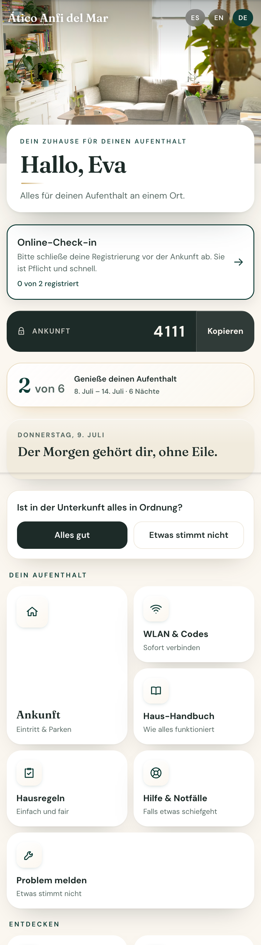 Die Gäste-App mit der Marke der Unterkunft und der Sprachauswahl