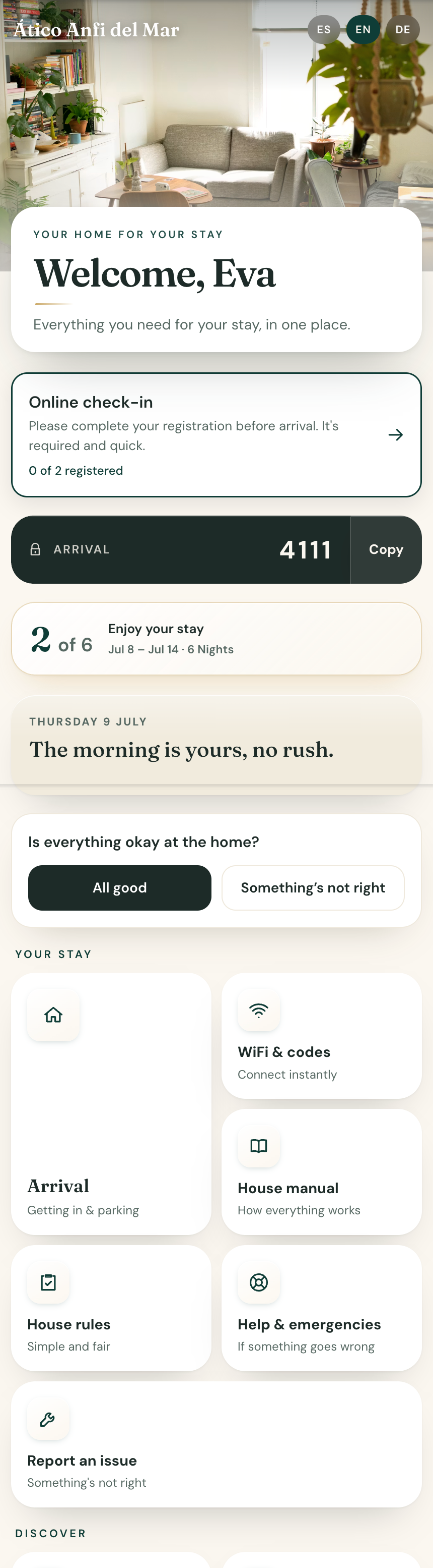 The guest app under the property's brand, with the language selector