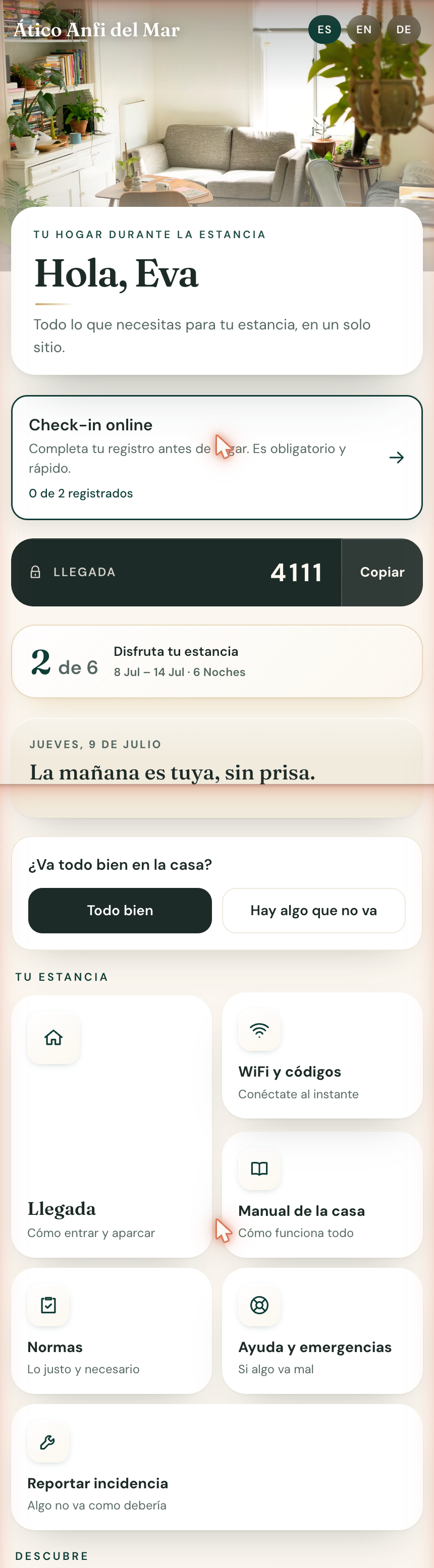 La app del huésped con la marca del alojamiento y el selector de idioma