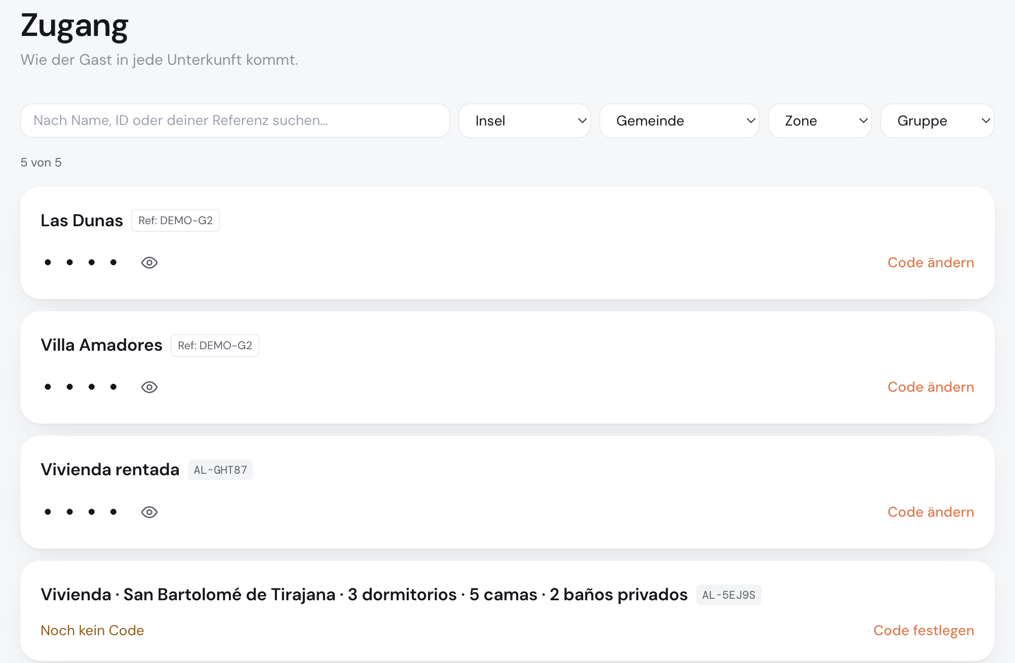 Panel de anpira: el acceso de cada alojamiento con su código gestionado y su rotación