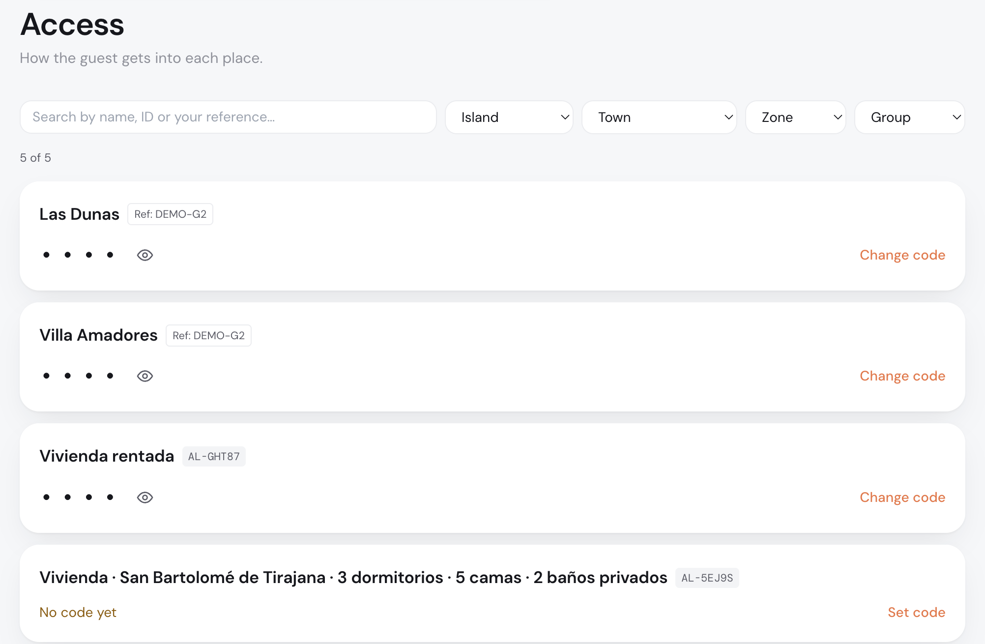 Panel de anpira: el acceso de cada alojamiento con su código gestionado y su rotación