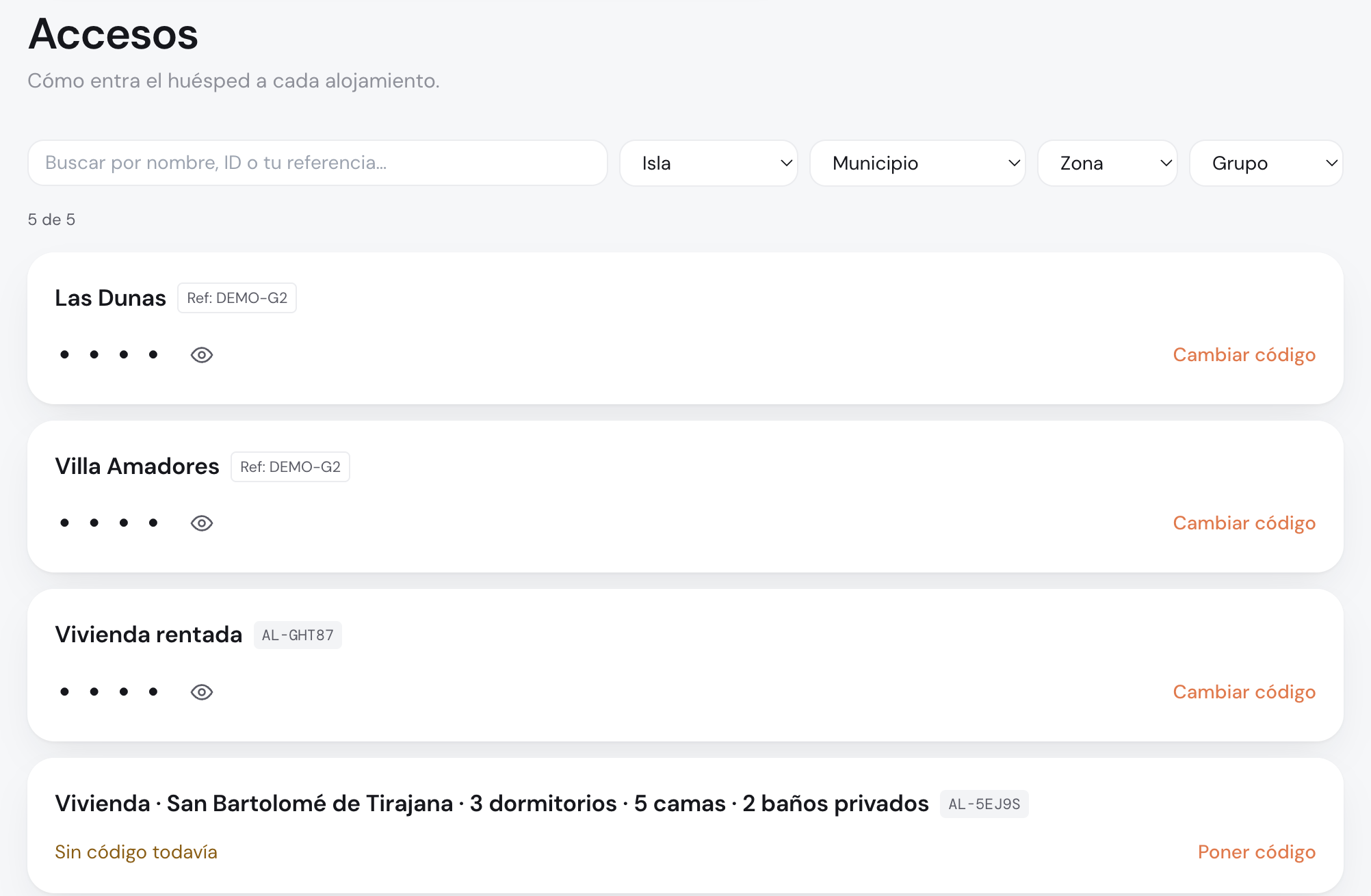 Panel de anpira: el acceso de cada alojamiento con su código gestionado y su rotación