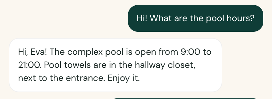A guest asks about the pool and the concierge replies with the hours and where the towels are