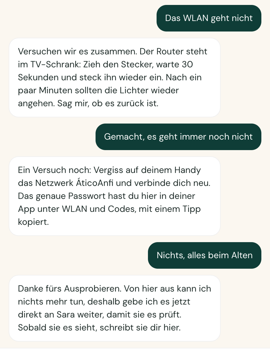 Der Gast meldet, dass das WLAN nicht geht; der Concierge führt Schritt für Schritt durch und übergibt am Ende an Sara