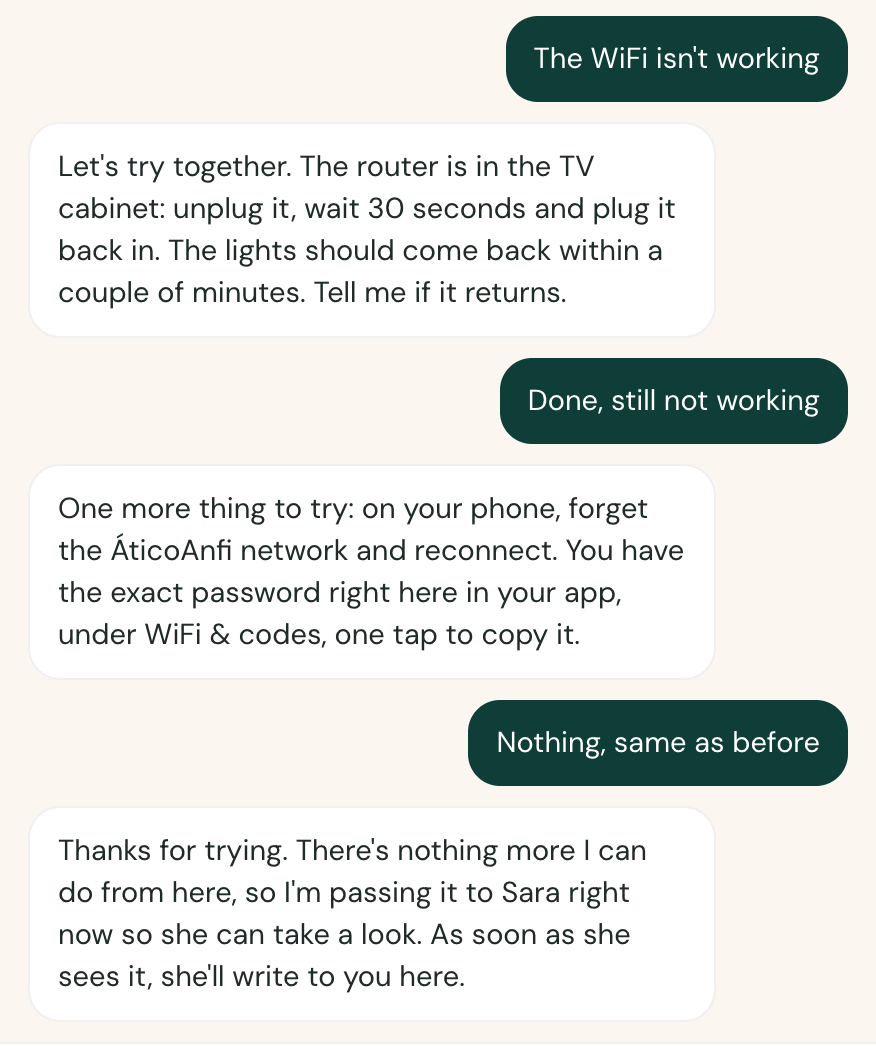 The guest says the WiFi isn't working; the concierge guides them step by step and, once out of options, hands it to Sara