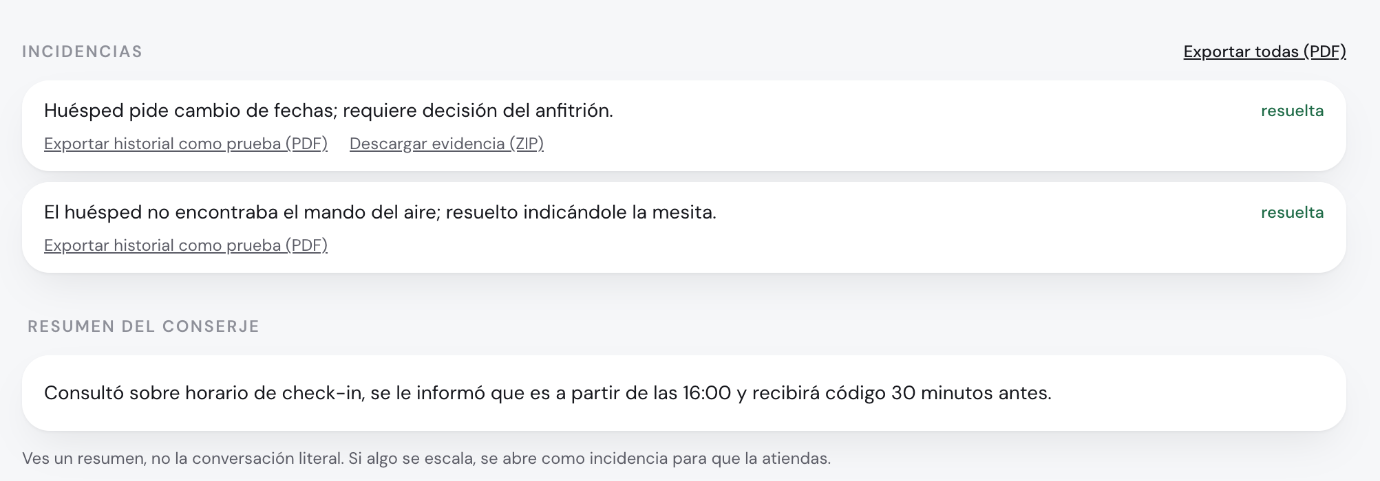 Incidencias de una reserva con acta exportable en PDF y ZIP de evidencia, y resumen del conserje