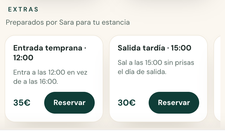 La oferta de extras en la app del huésped