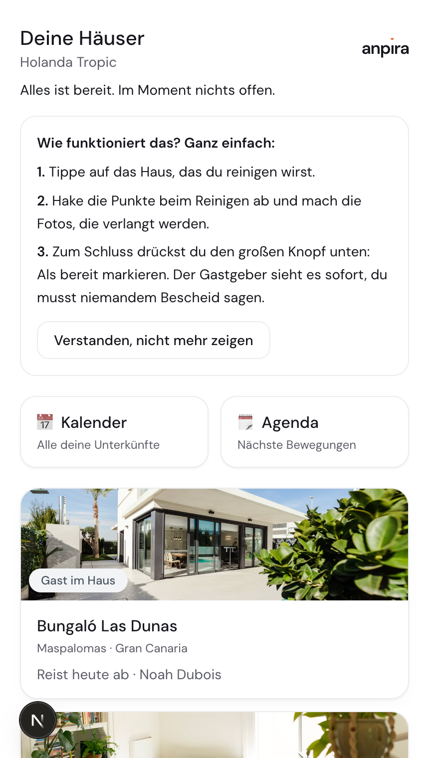 Die App der Reinigungskraft mit den drei Schritten, dem Kalender und der Unterkunftskarte mit Foto