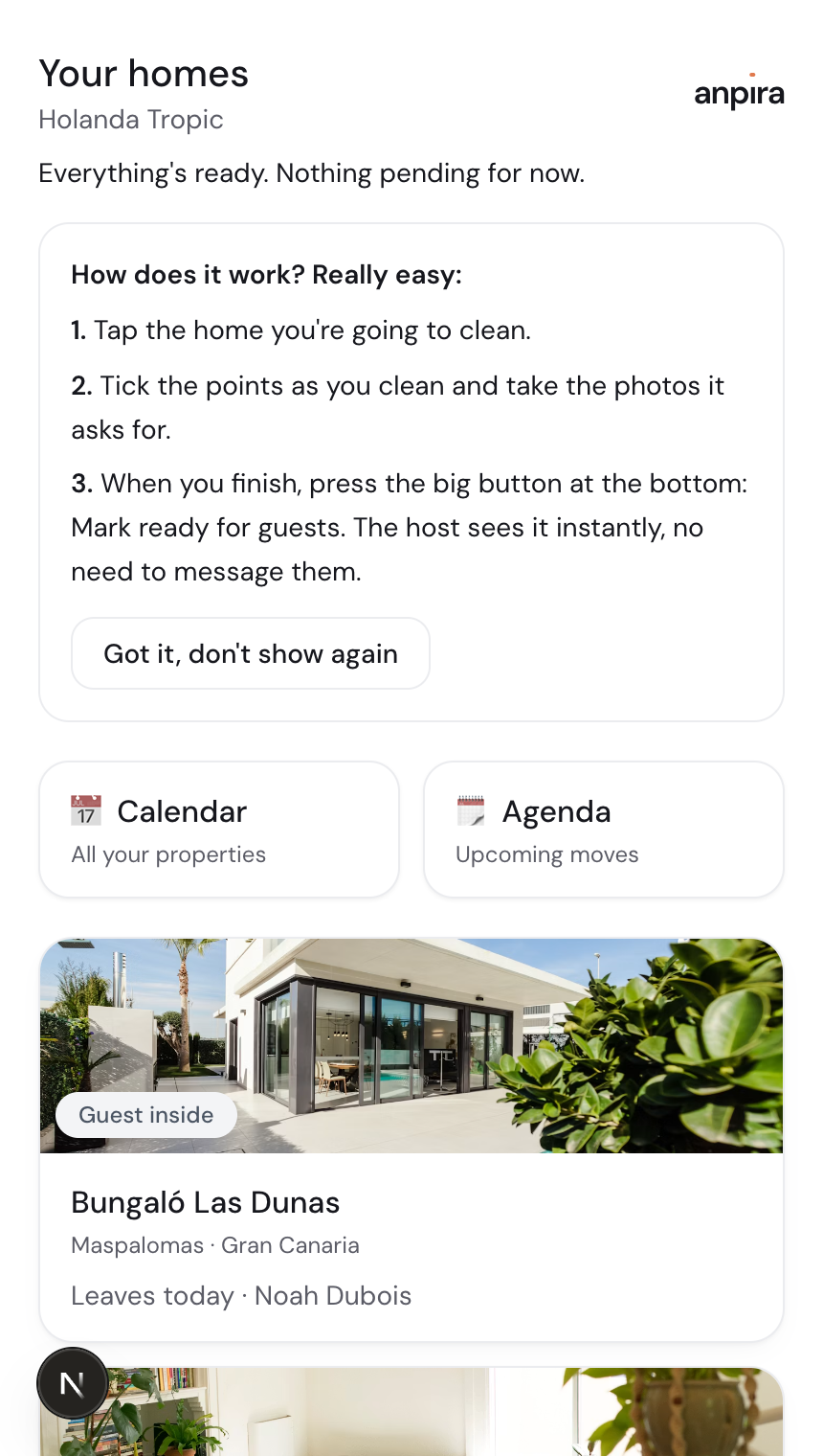 The cleaner's app with the three steps, the calendar and the property card with its photo