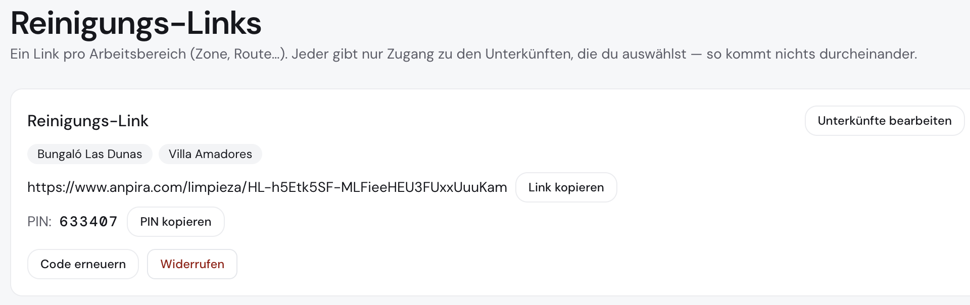 Das Panel der Reinigungslinks: ein Link mit PIN pro Team, seine Unterkünfte und die Buttons zum Rotieren und Zurückziehen