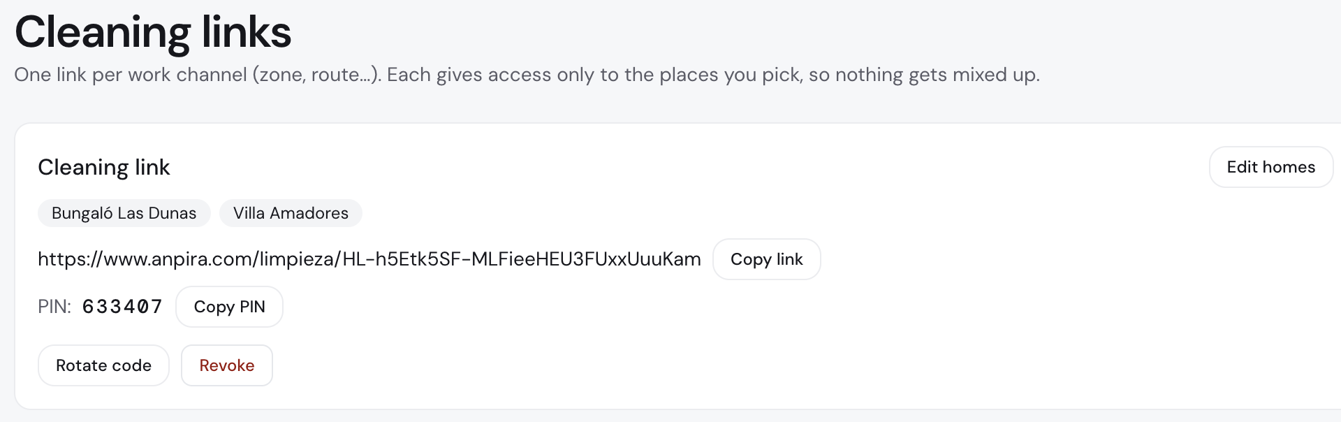 The cleaning links panel: one link with a PIN per team, its properties, and the rotate and revoke buttons