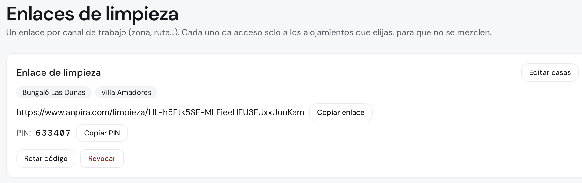 El panel de enlaces de limpieza: un enlace con PIN por equipo, con sus alojamientos y los botones de rotar y revocar