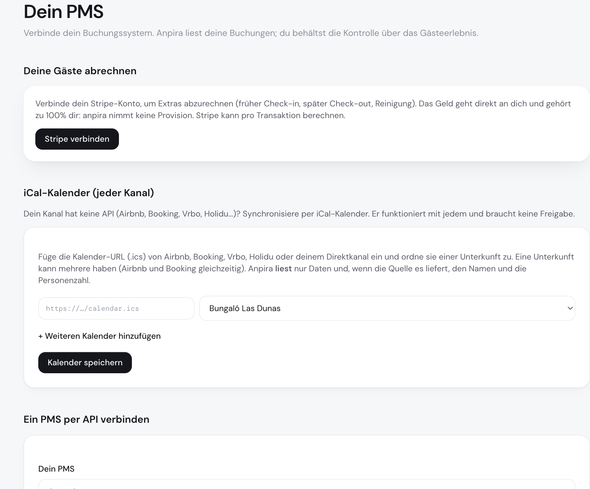Panel de anpira: Stripe para extras, calendarios iCal de cualquier canal y PMS por API