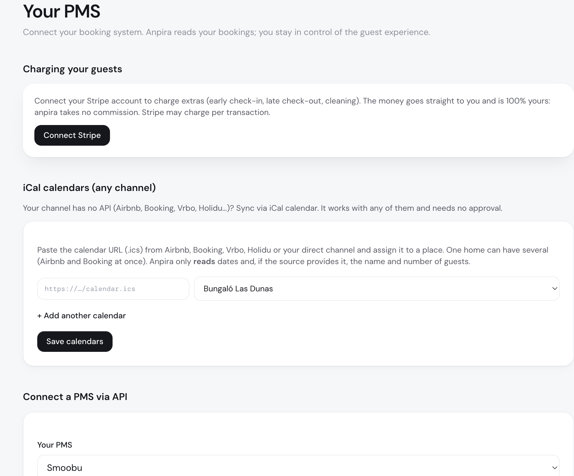 Panel de anpira: Stripe para extras, calendarios iCal de cualquier canal y PMS por API