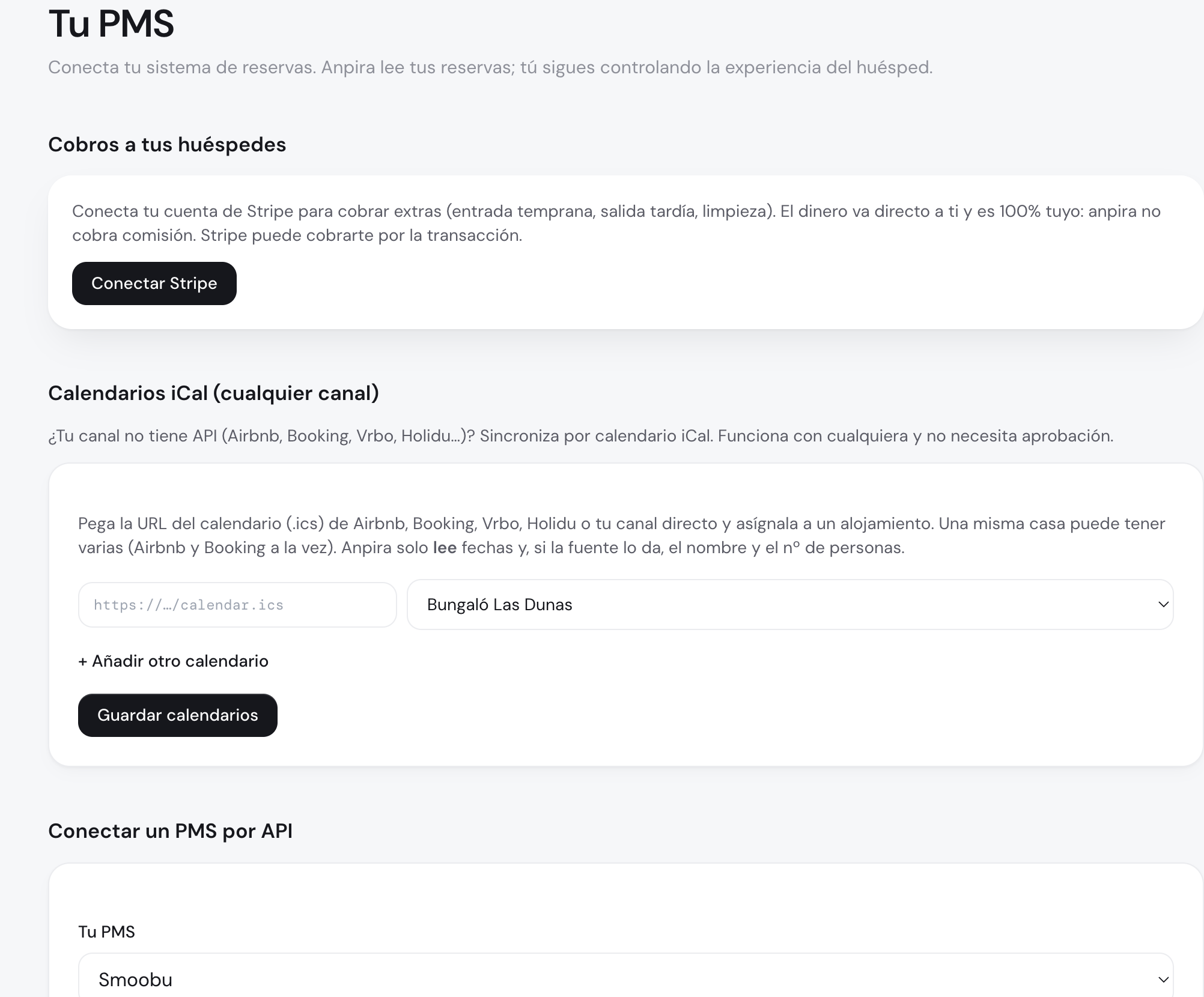 Panel de anpira: Stripe para extras, calendarios iCal de cualquier canal y PMS por API