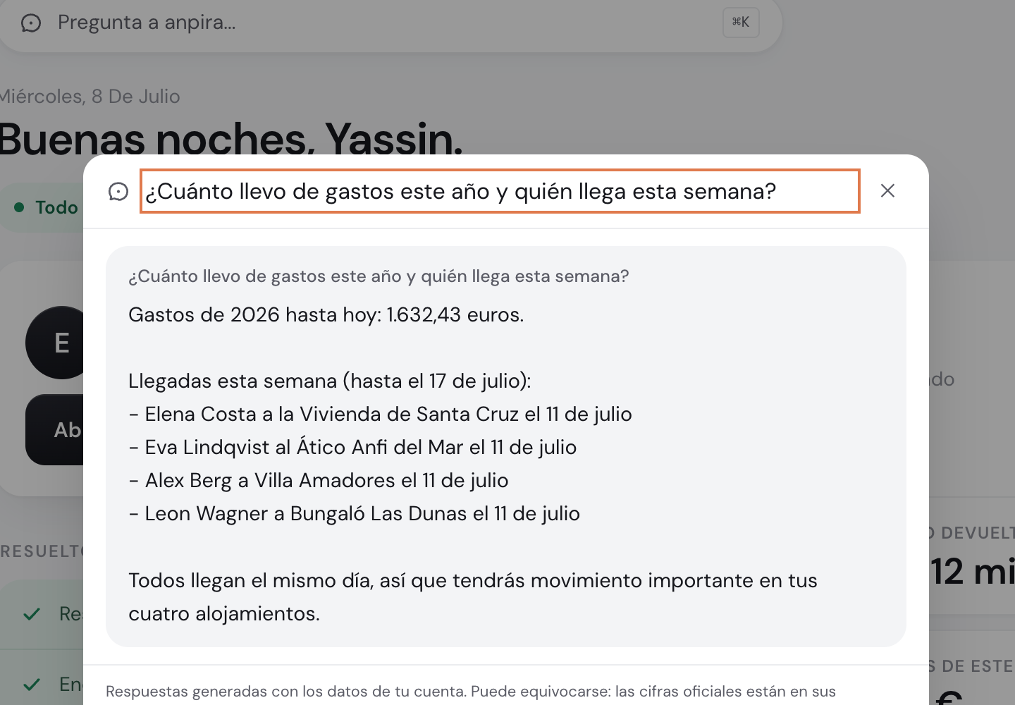 Pregunta a anpira: respuesta con los gastos del año y las llegadas de la semana